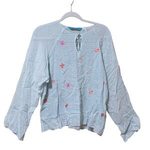 Johnny Was floral embroidered top semi sheer keyhole tie ditzy dainty size XL